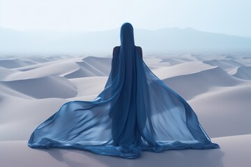 a woman in a flowing blue dress stands with her back in the desert, very beautiful