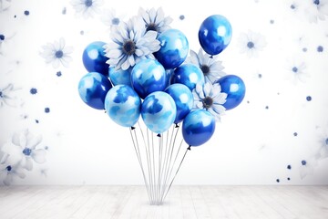 blue flowers and balloons on white background