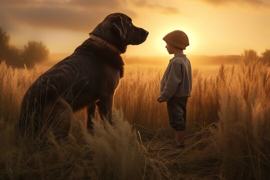 silhouette of a dog and boy, friends