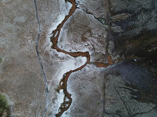 Aerial view of a river in the snowy valley. Reykjadalur, Iceland.