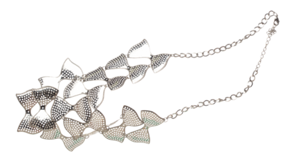 Silver stainless bead style necklet fly in air. Silver metal necklace as gemstone for fashion ornament decorative items. Fashion ornament necklace to add more style. White background isolated