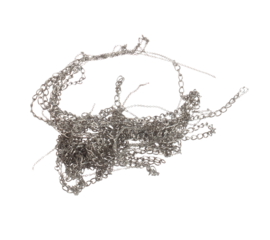 Silver stainless bead style necklet fly in air. Silver metal necklace as gemstone for fashion ornament decorative items. Fashion ornament necklace to add more style. White background isolated