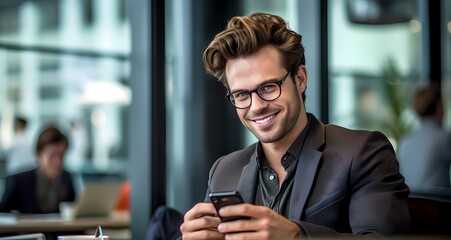 Smiling man with his phone in his hands, work, communication