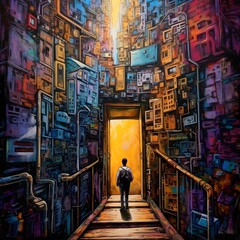 man walking thru street in the city of night generative art