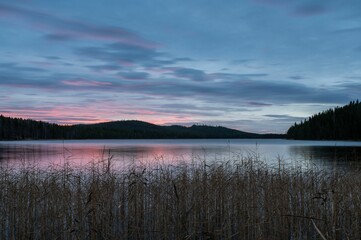 Calm lake surrounded by the forest and hills with the pink sunset in background in Sweden Lapland