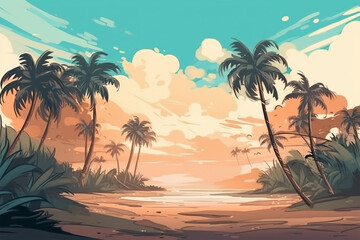 seaside coconut tree anime style background