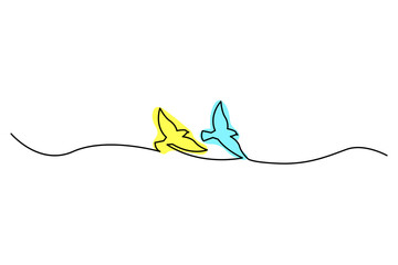 Two pigeons in blue yellow colors of Ukrainia flag, dove of peace with olive branch. Vector illustration. stock image.