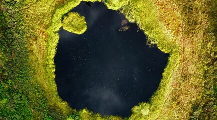 Aerial view of swamp pond in Sweden with colorful bright colored trees