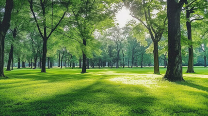 Fototapeta na wymiar Trees in the park with green grass and sunlight, fresh green nature background, Generative AI