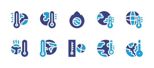 Global warming icon set. Duotone color. Vector illustration. Containing drought, greenhouse effect, melting.