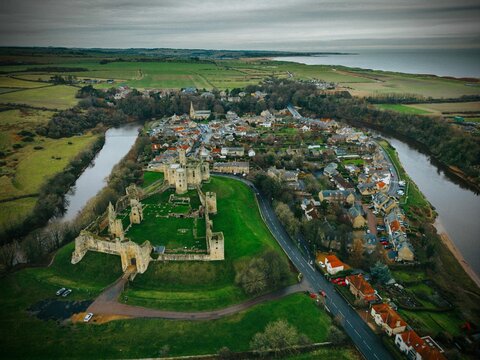 High-angle view of Warkworth Castle in Morpeth, UK