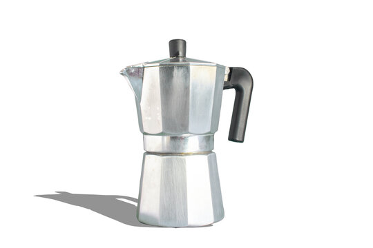 Italian Greca to make coffee with a metallic structure and a plastic handle.