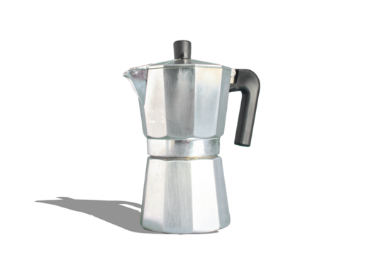 Italian Greca to make coffee with a metallic structure and a plastic handle.