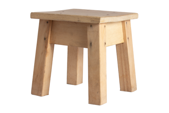 Mini chair or toy bench made of light colored rustic wood, profile view.