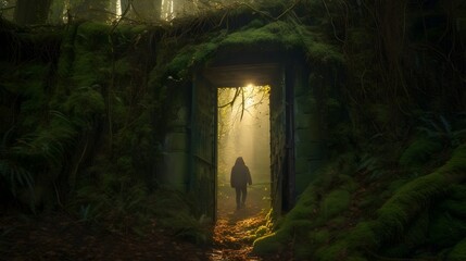 Fototapeta na wymiar man walking thru door in the forest generative art