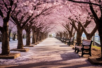 Fototapeta na wymiar bench in park with cherry blossom