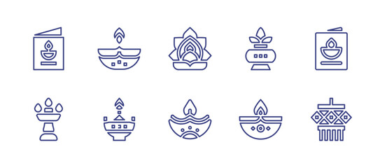 Diwali line icon set. Editable stroke. Vector illustration. Containing greeting card, diwali, light, kumbh kalash, oil lamp, candle.