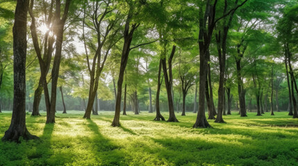 Fototapeta premium Trees in the park with green grass and sunlight, fresh green nature background, Generative AI