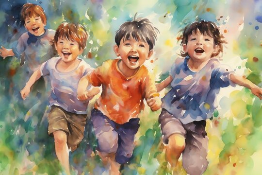 group of friends smiling & playing, happy children, ai generated