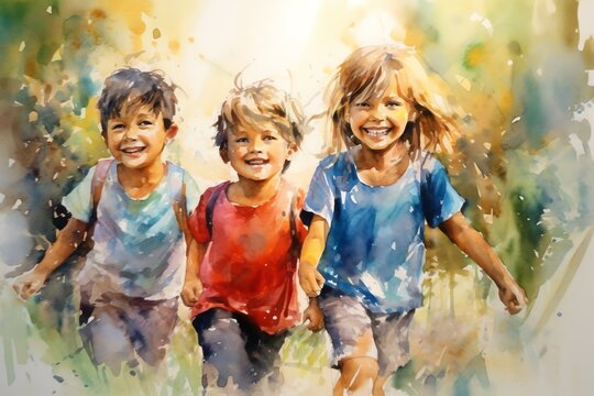group of friends smiling & playing, happy children, ai generated