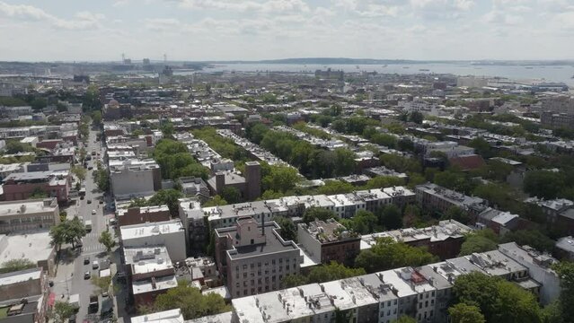 Aerial of the brownstones in the leafy neighborhood of Cobble Hill Brooklyn