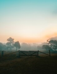 Obraz premium Image of a fence in the country side in fog.