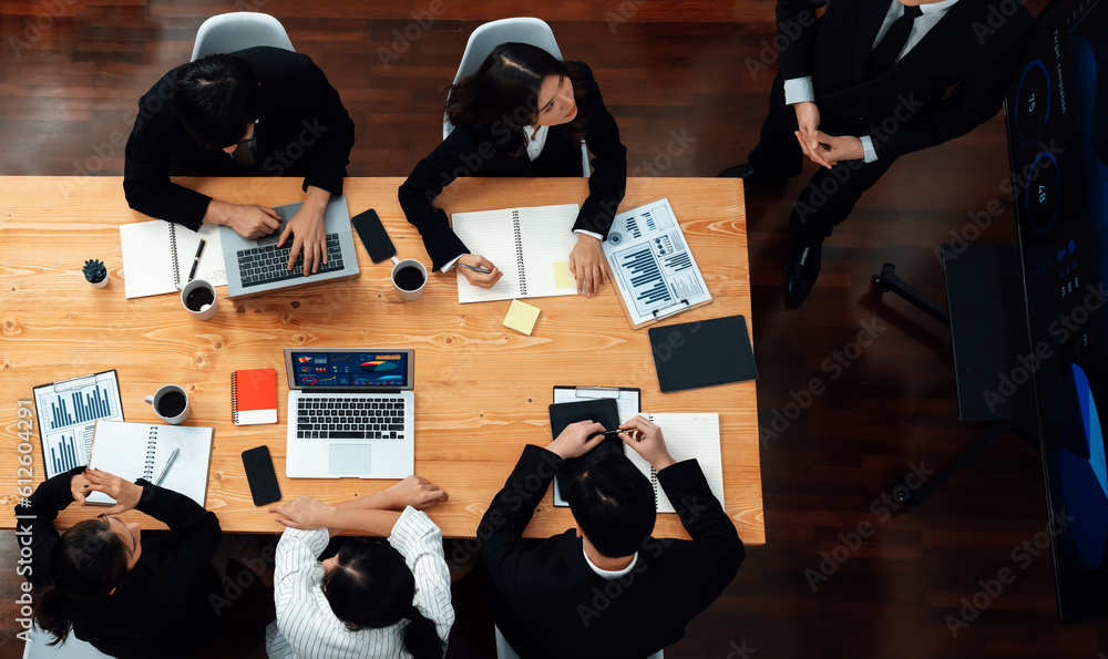 Poster top view manager or office worker give presentation in harmony conference room to business colleague