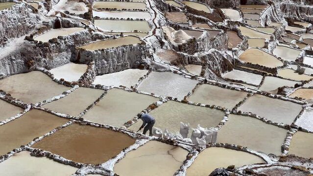 Salt wells of the Salineras de Maras in Peru surrounded by the mountains