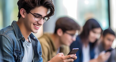teenager on his phone, laughing, happiness - obrazy, fototapety, plakaty