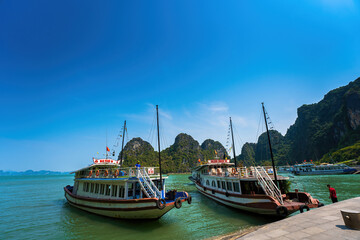 Beautiful landscape Halong Bay view from above the Thien Cung Cave with Junk boat, Southeast Asia....