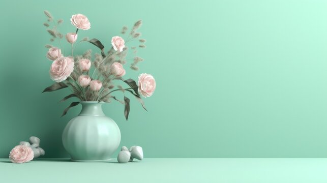 mint color items on a pink background. visualization of the space of a single color scheme. wallpaper or background. copy space.Generative AI