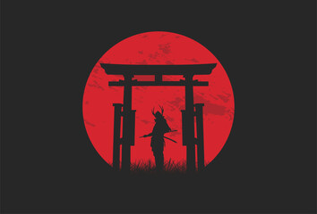 Japanese Samurai Silhouette in Japanese Gate Illustration