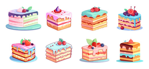 Birthday cakes slices, desserts, pastries, colorful pastel color