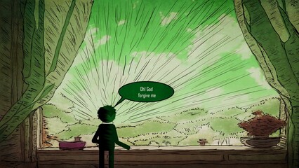 Illustration of a comics sketches portraying a person looking out of a big window with green scenery