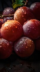 a photo of purple grape fruit surrounded by drops of rain water generative ai