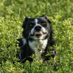 Naklejka na ściany i meble Black and white dog sitting on green plants and showing its teeth