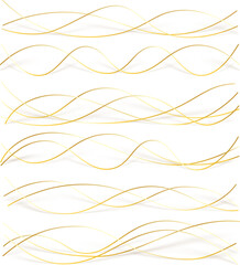 3d wavy gold lines swoosh on white background. Luxury beauty thin curves, swirl as stream flow pattern. Soft geometric shapes as silk fiber or fablic shiny decoration.