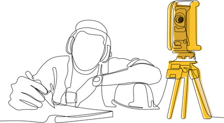 Close up of Caucasian worker with helmet on head using tablet for work while standing in warehouse. Surveyor with a tripod icon. Geodesic tripod. Vector illustration