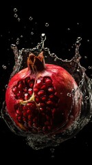 a photo of pomegranate fruit fall in water on black background generative ai