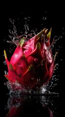 a photo of dragon fruit fall in water on black background generative ai