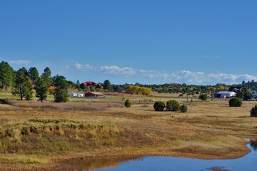Obraz premium Beautiful shot of a small village surrounded by fields and trees in valley under blue sky