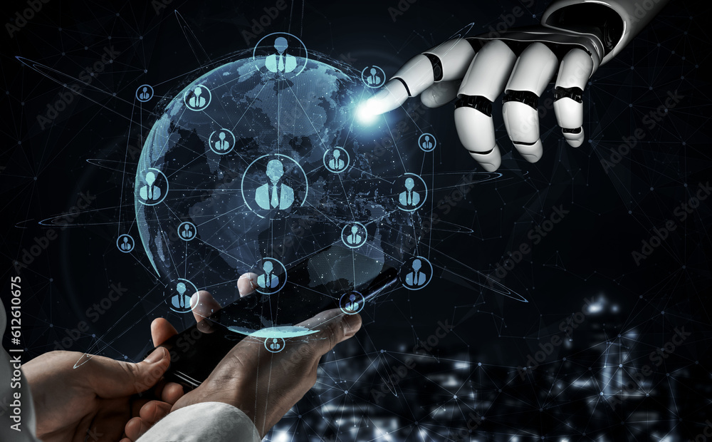 Poster 3d rendering artificial intelligence ai research of robot and cyborg development for future of peopl