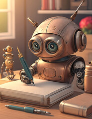 Ilustración de un pequeño robot con Inteligencia Artificial, redactando textos en un escritorio iluminado con luz natural. - IA Generativa.