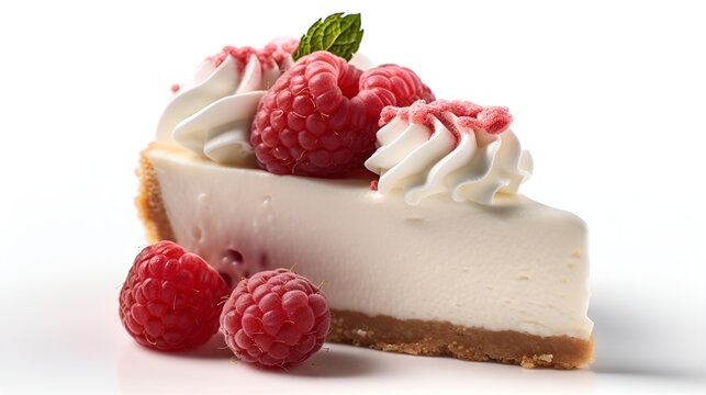 White chocolate raspberry swirled cheesecake, isolated on white background