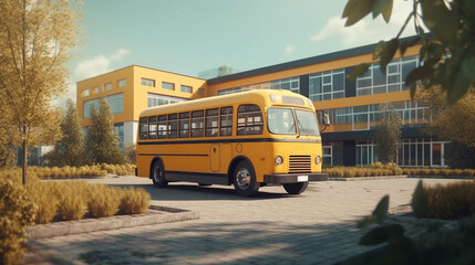 yellow school bus at school building Generative AI