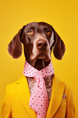 Hyperrealist portrait of a funky of Anthropomorphic Stylish The German Shorthaired Pointer wearing haute couture, perfectly detailed, pastel background
