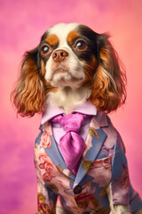 Hyperrealist portrait of a funky of Anthropomorphic Stylish The cavalier king charles spaniel. 