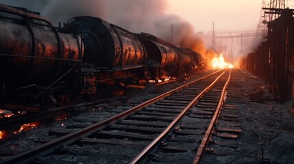 Fototapeta na wymiar Hot fire burning wagons with cargo. misfortune, calamity. environment and insurance concept.Generative AI 