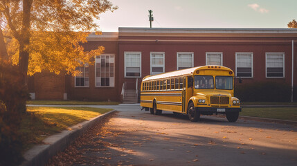 Obraz premium yellow school bus in college generative ai