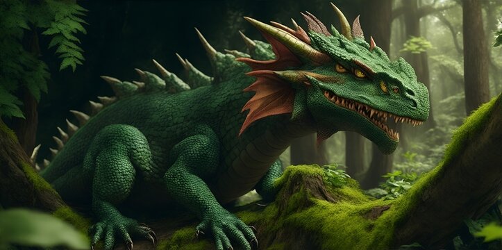 Ancient forest dragon with green scales. Generative AI